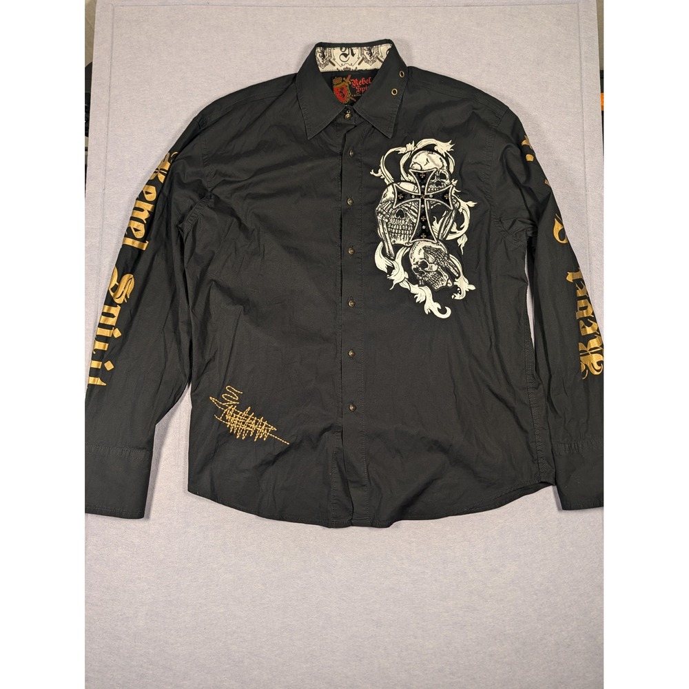 Rebel Spirit Button Down Shirt Mens XL Black Rhinestone Skull Y2K Excellent